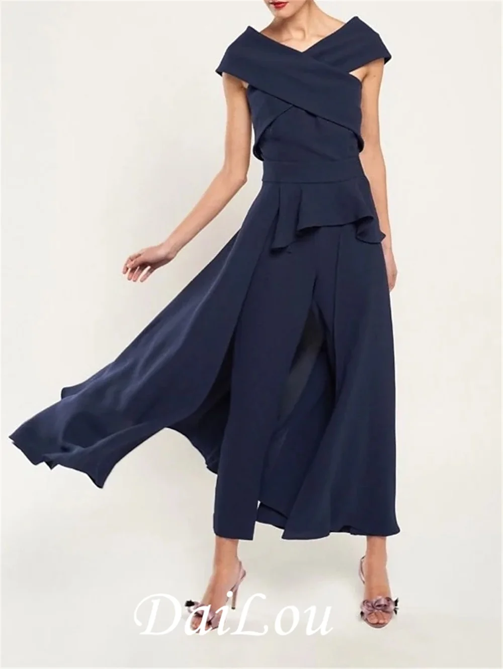 Monos Peplum elegantes para invitados de boda, vestido Formal de noche de cumpleaños, hombros descubiertos, largo hasta el tobillo, satén con entrecruzado