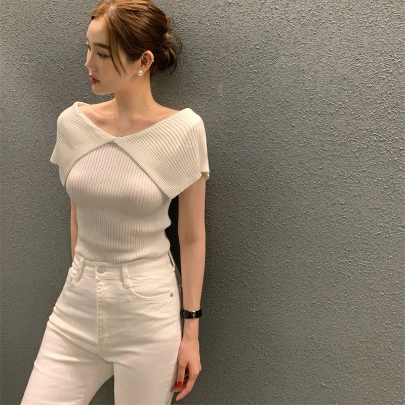 Summer Korean Style Women Solid Color Off Shoulder Lapel Elegant Versatile Slim Knitted T-shirt Office Lady Casual Tops