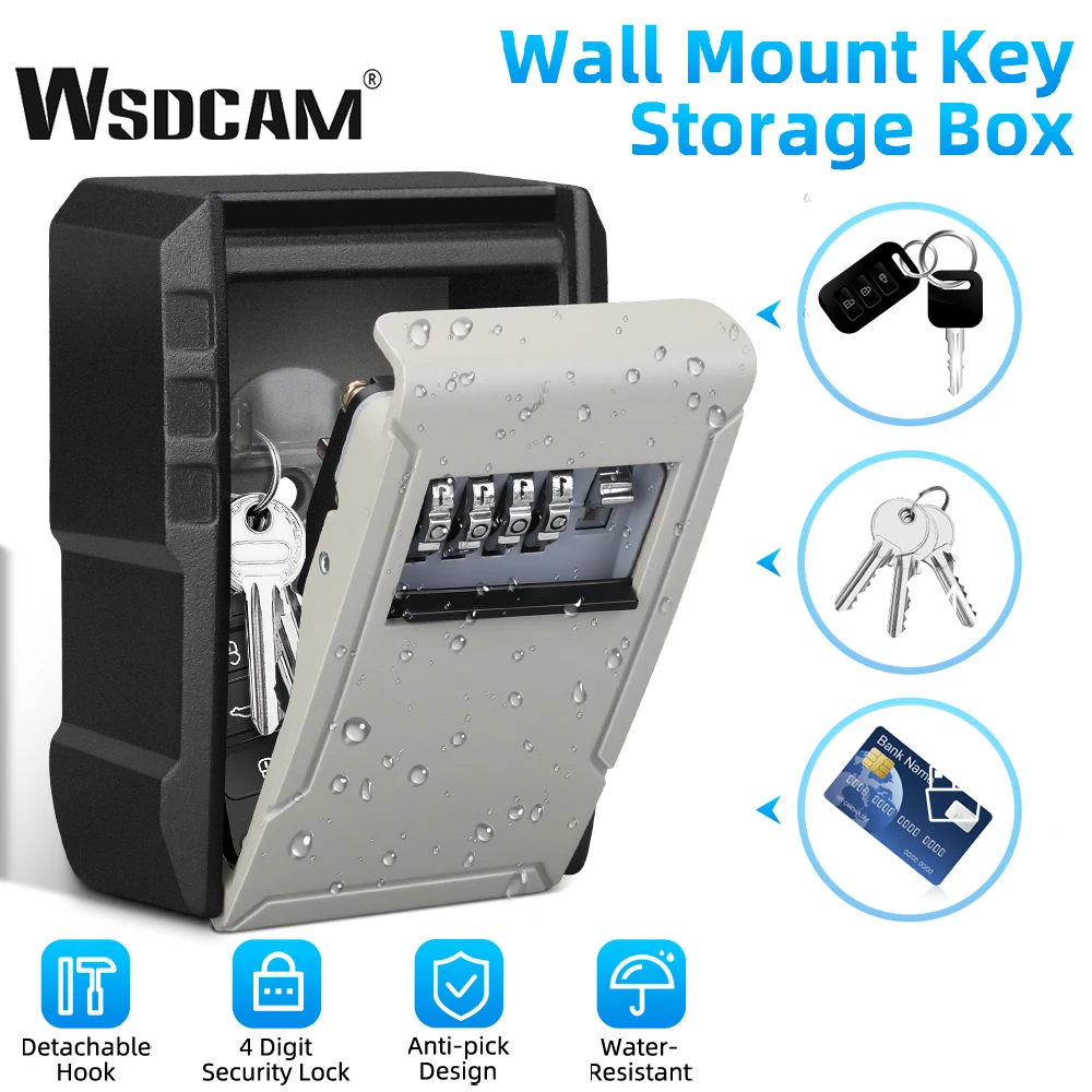 Wsdcam Key Lock Box 4 Digit Passwords Code Box Waterproof Outdoor Password Key Box Easy to Fix Home Or Office