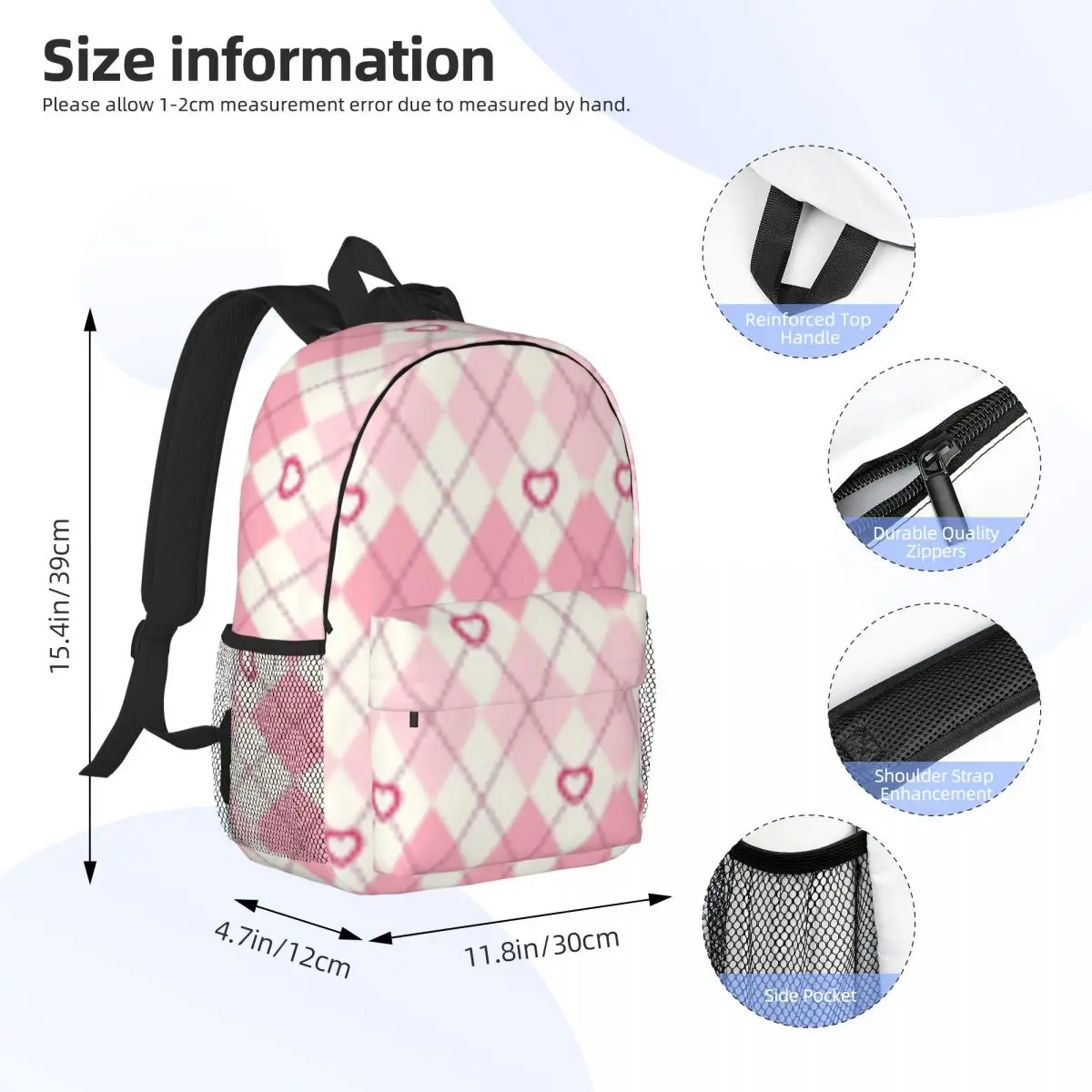 Suministros escolares Preppy para niñas, niños, mochila para estudiantes, rosa, corazón, rombos, cuadros, estética Preppy