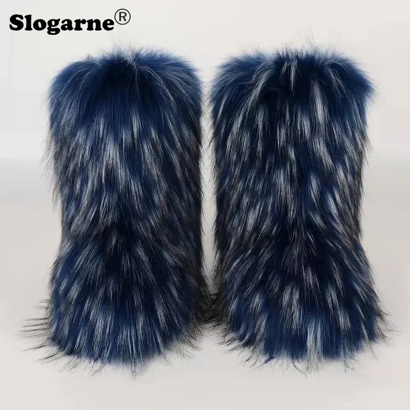 Women\'s Winter Fluffy Faux Fox Fur Boots Woman Plush Warm Snow Boots Luxury Footwear Girls\' Furry Fur Bottes Fashion Winter Shoe