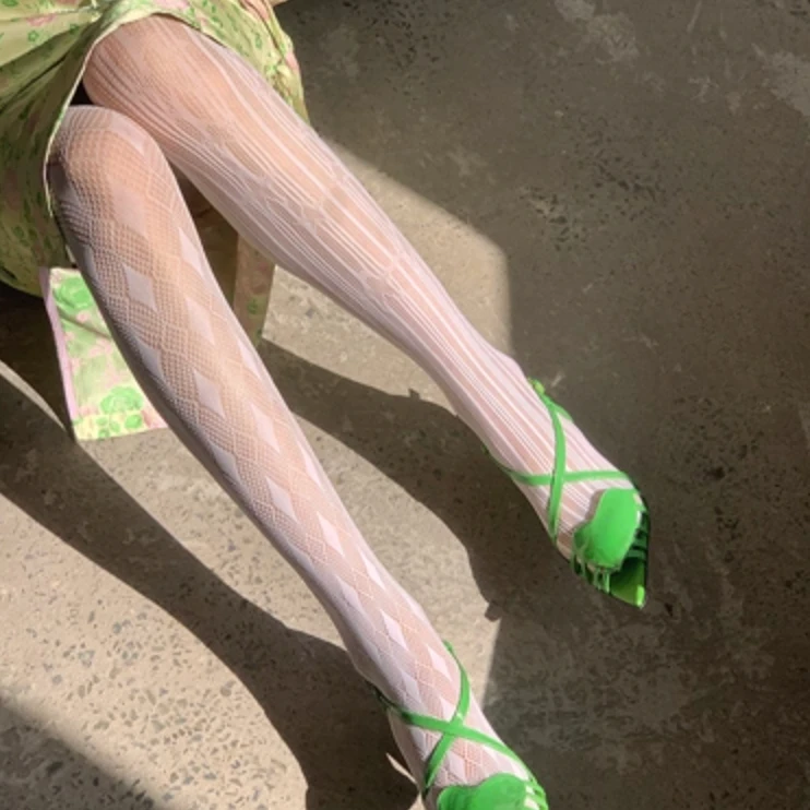 أبيض جديد ضيق مثير الملابس الداخلية للنساء جوارب شبكية مختلفة الماس مخطط ستار جوارب طويلة بلانكا روبا الداخلية #3