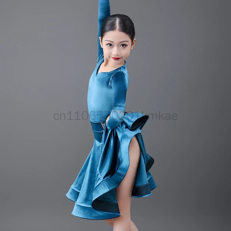 

Платье с длинными рукавами для латинских девочек, осенне-зимняя стандартная форма для соревнований пожилых людей, новые костюмы самбы для детей