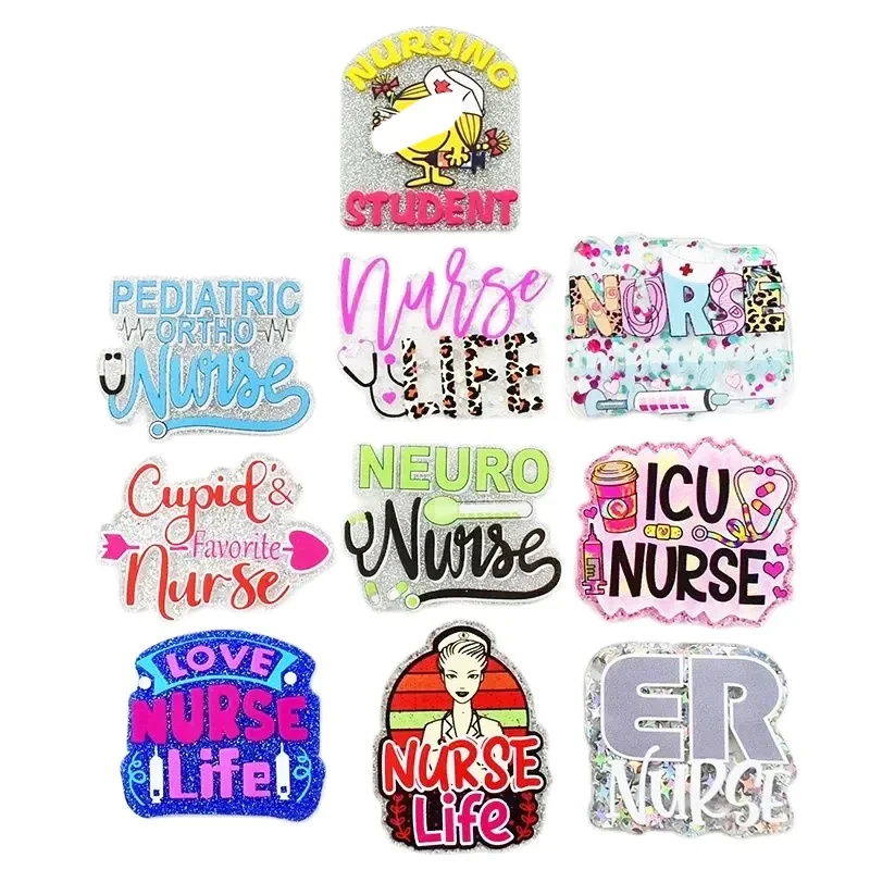 10PCS ICU Love Nurse Life ER Glitter Acrylic Charms Pendant Fit DIY ID Card Badge Holder Jewelry Making Hospital Worker Gift