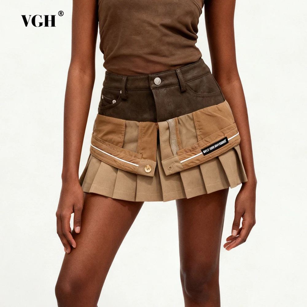 VGH アメリカンスタイルヴィンテージヒットカラースカート女性のためのハイウエストスプライス折りデザインセンスミニ通勤スカート女性のファッション