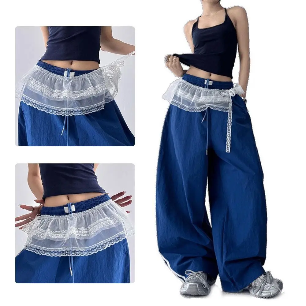 

Новая мини-юбка с вышивкой и кружевом, прозрачная, в стиле Y2K, уличная мода, с рюшами и шнуровкой, в стиле Харадзюку, с декоративными элементами в виде джинсовых вставок