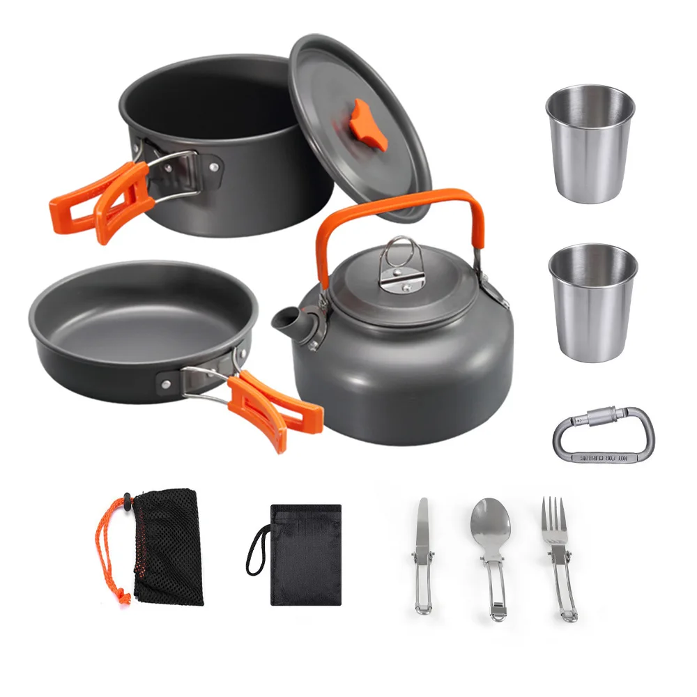 

Outdoor camping pot and teapot set pot and tableware combination portable picnic cookware set three pieces