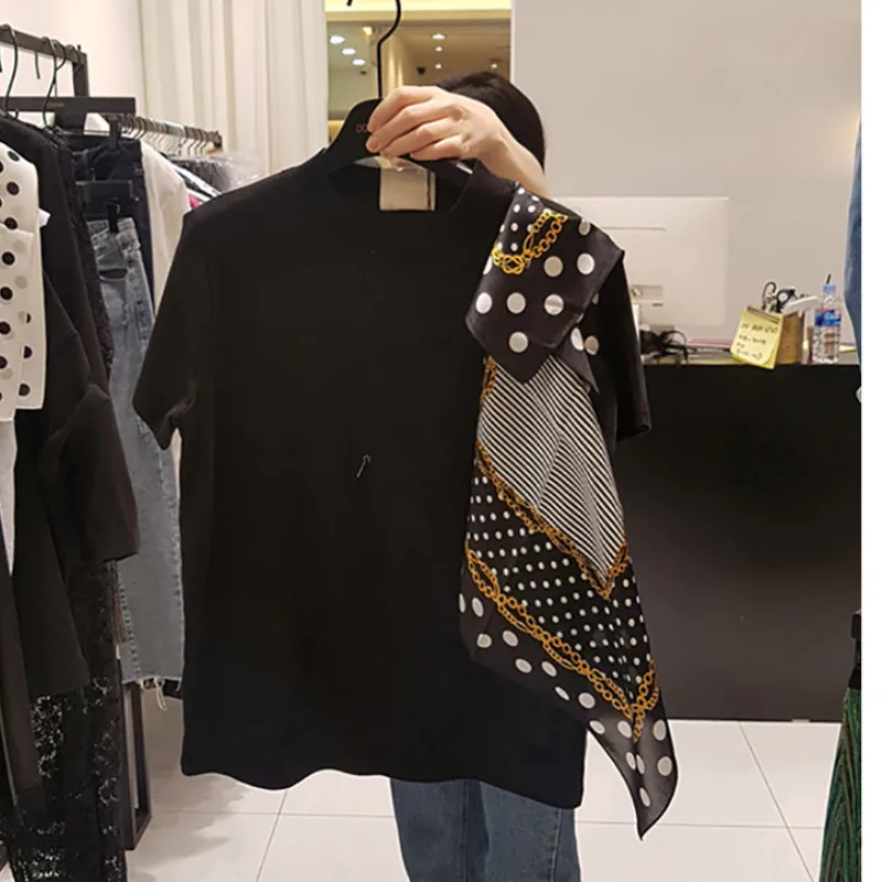 Neploe Polka Dot Scarf Patchwork Summer 2024 Women Top New Fashion O-Neck Short Sleeve Tees Korean Chic Loose T Shirts 43392