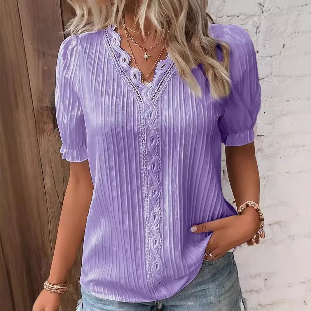 Women's Shirt Blouse Yellow-green Violets White Plain Lace Short Sleeve Casual Basic V Neck Regular Pullover White Blouse Tops