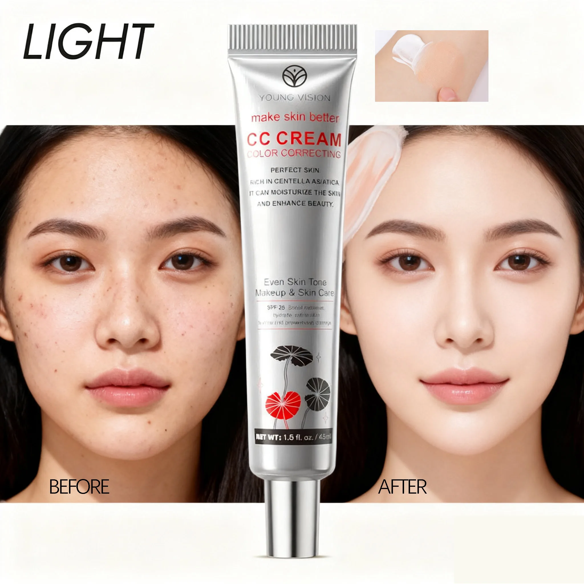 45ml Color Correcting CC Cream Concealer - Waterproof Anti-Sweat Lasting Makeup Foundation for Women, Natural Cover Cosmetics