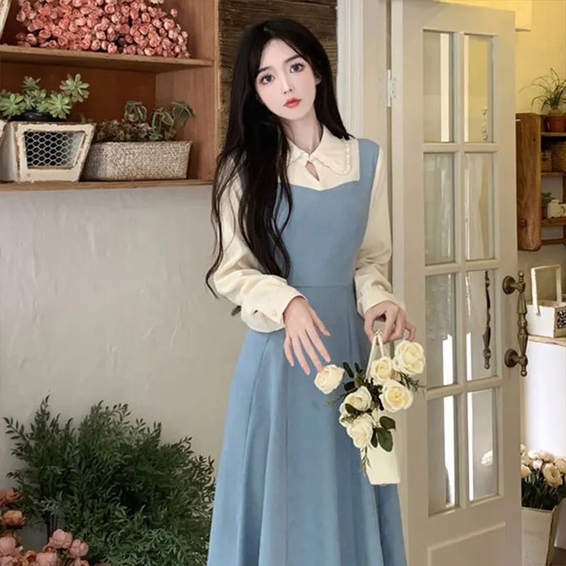 Faux Deux Pièces à Manches sulfet Col Carré pour Femme, Vêtement Décontracté, Jupe Assortie, Patchwork, Couleur Unie, Élégant, à la Mode, Harajuku