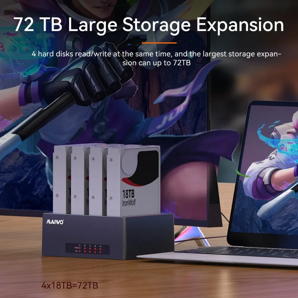 MAIWO 4 Bay Caja de disco duro de 3,5 pulgadas USB C Caja de disco duro externo SATA a USB3.0/Tipo-C Estación de acoplamiento HDD para HDD de 2,5/3,5 pulgadas