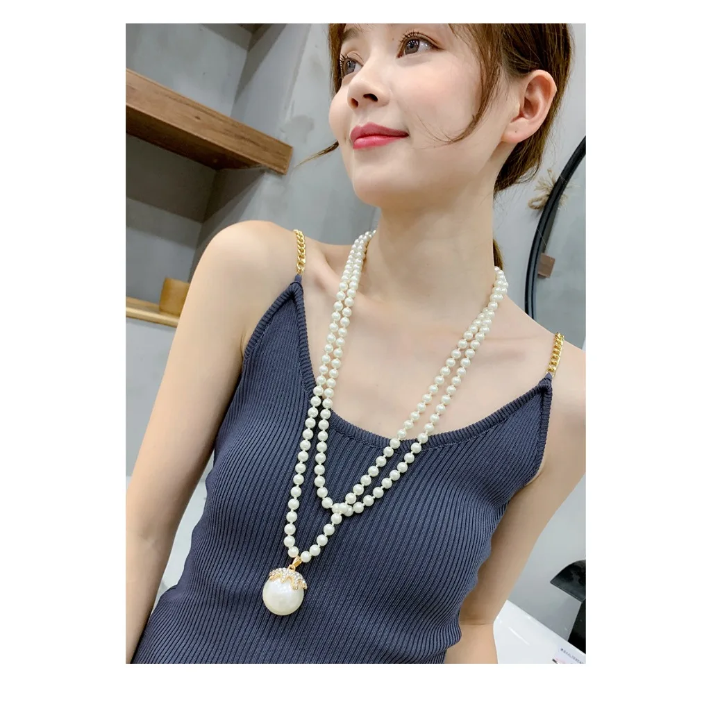 Big Simulated Pearl Ball Multi Layer Long Necklace For Women 2024 New Sweater Chain