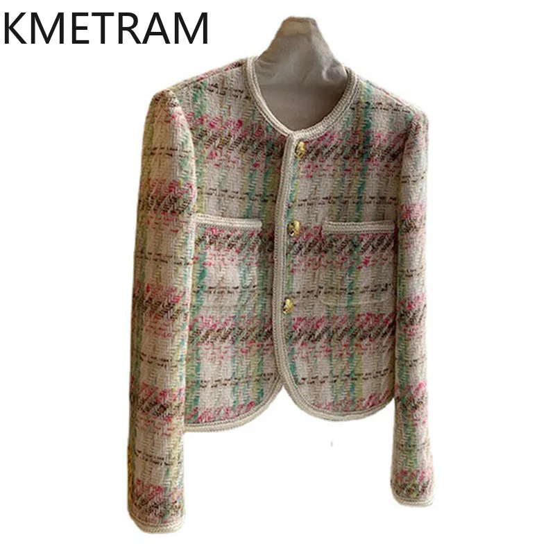 KMETRAM Real Wool Tweed Jackets Pink Short Jacket High Quality New in Outerwear Fall Clothes Women 2024 Chaquetas Para Mujer