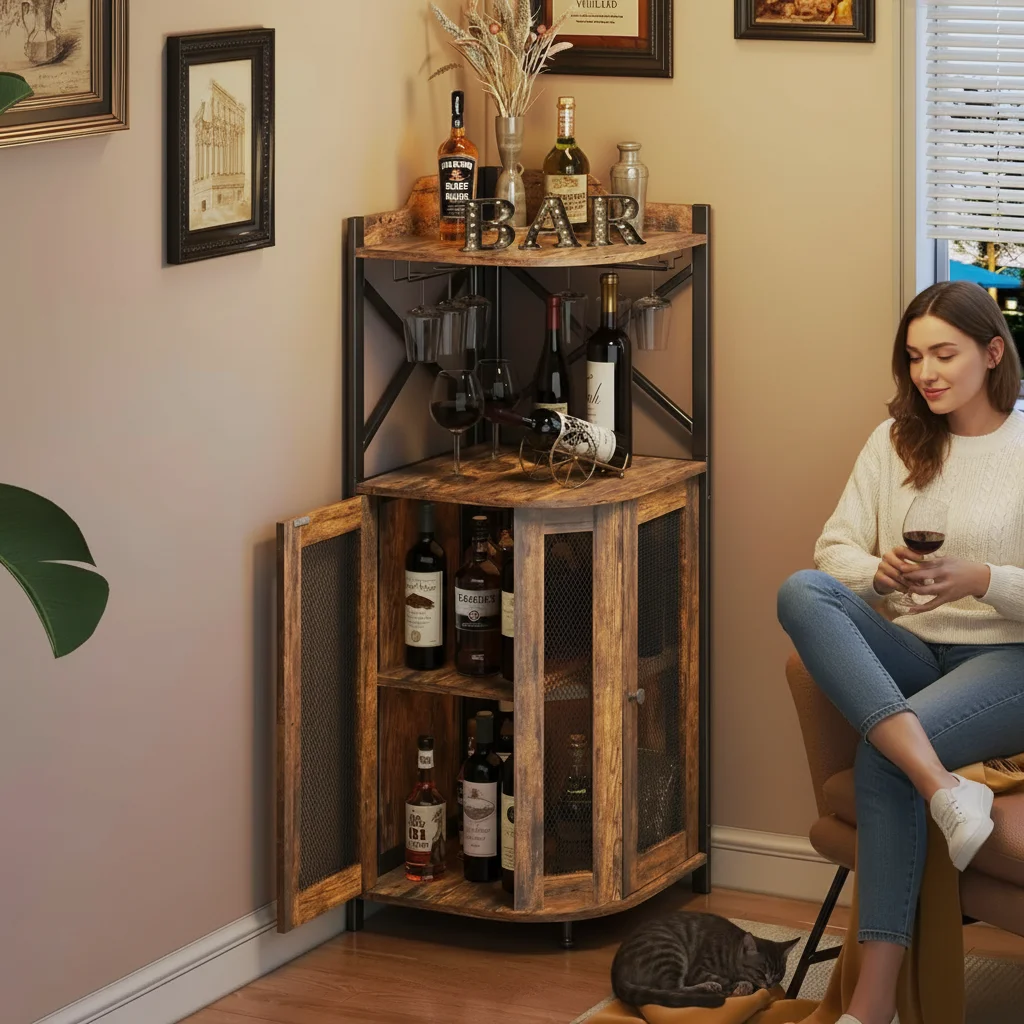 Corner Bar Cabinet with Glass Holder, Industrial Wine Rack for Small Space, 4-Tier Storage Cabinet with Mesh Door, Home Mini Bar