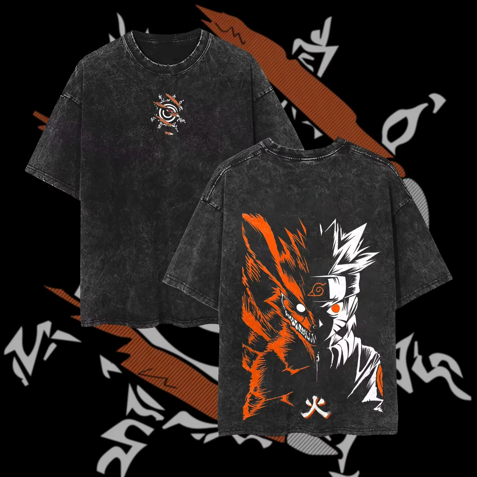 Naruto Kurama T Shirt Nine Tails Vintage Acid Wash Streetwear Retro Anime Graphic Men Tees 100% Cotton Top Clothing Gift