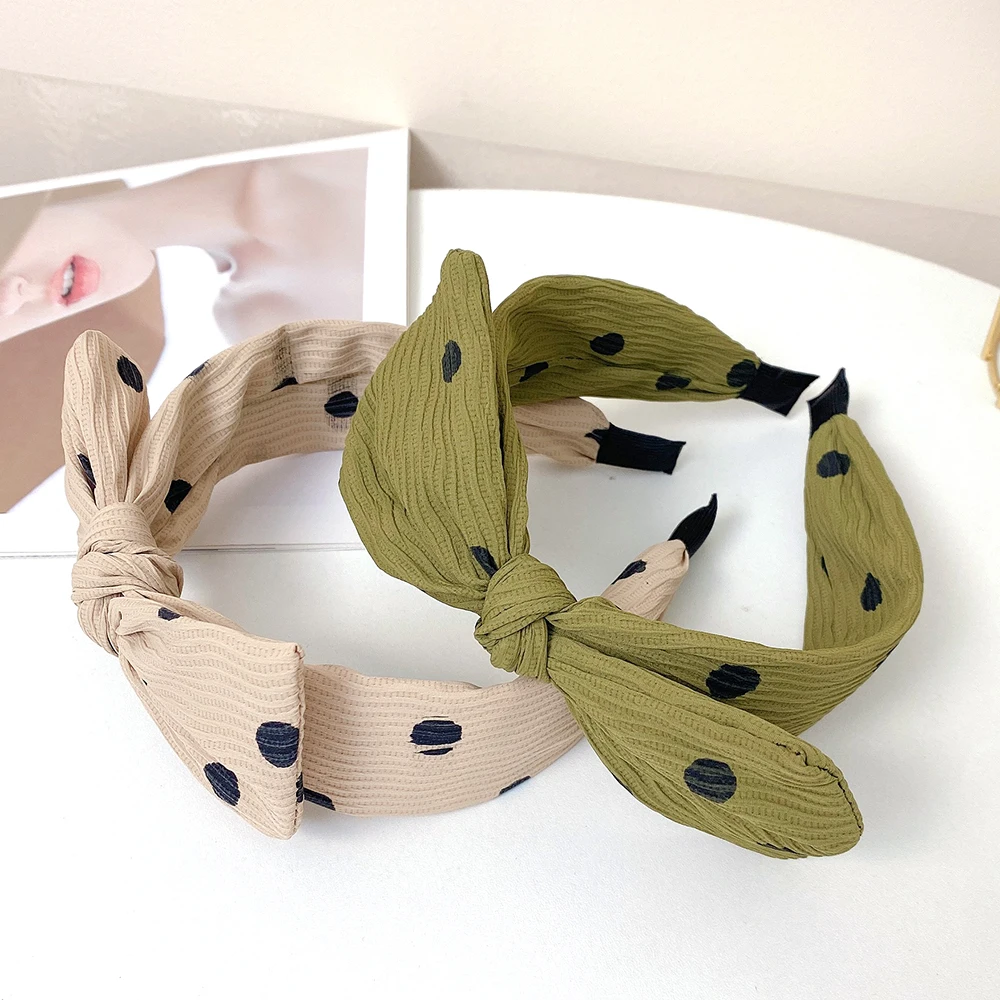 New pleated polka dot rabbit ear hair band for women, simple and fashionable square bow, wide edge headband, versatile hair clip