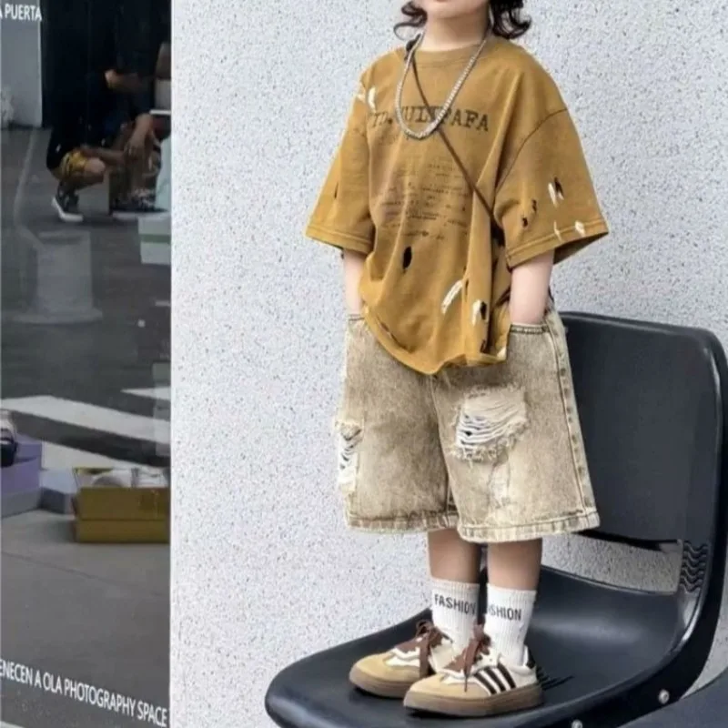2026 New Boy's Summer Set with Hole Denim Shorts Korean Streetwear Style Edgy Casual Short Sleeve Tee Multi Sizes