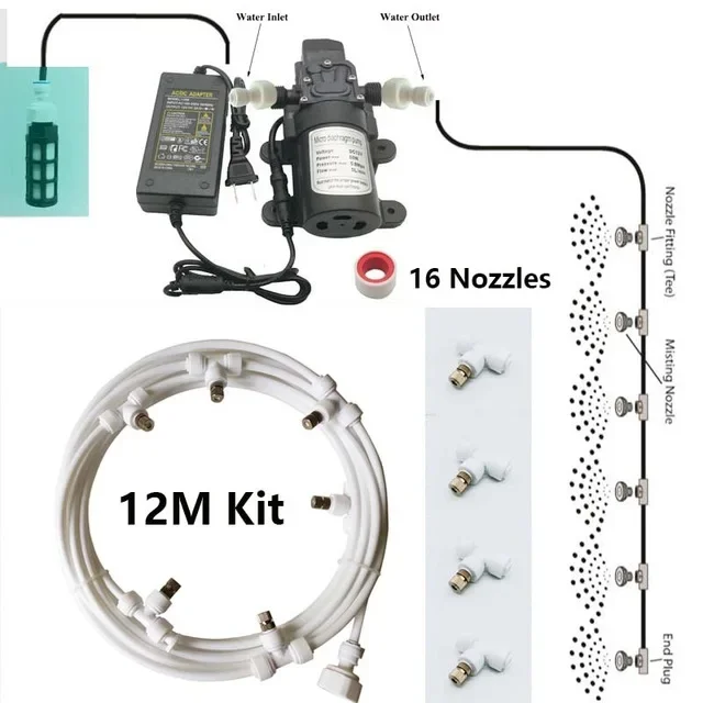 E-18th 12M Water Misting Cooling System Kit  brass Nozzle Outdoor Garden Greenhouse park Plants Spray Hose Watering