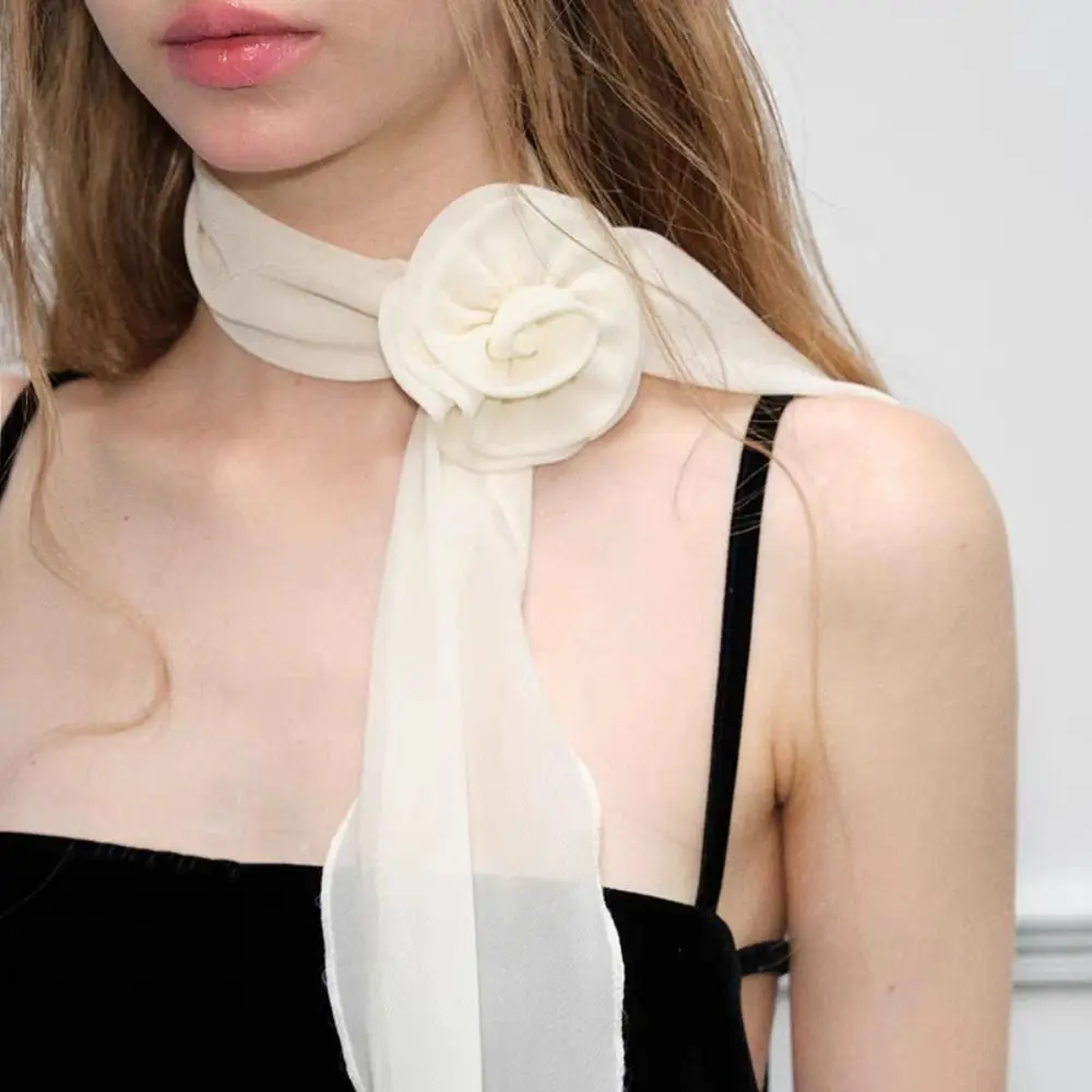 Fashion Luxury Chiffon Scarf Elegant Trendy Floral Scarf Shawl Versatile Detachable Rose Decor Neck Scarf For Women Girls Gifts image 4