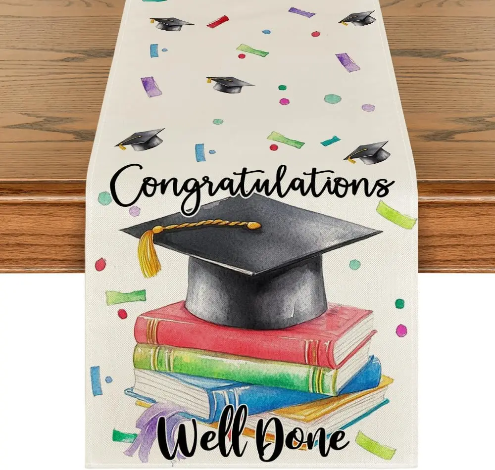 Well Done Congratulations Cap Book Graduation Linen Table Runner Party Decor Reusable Dining Table Runner Graduation Decoration