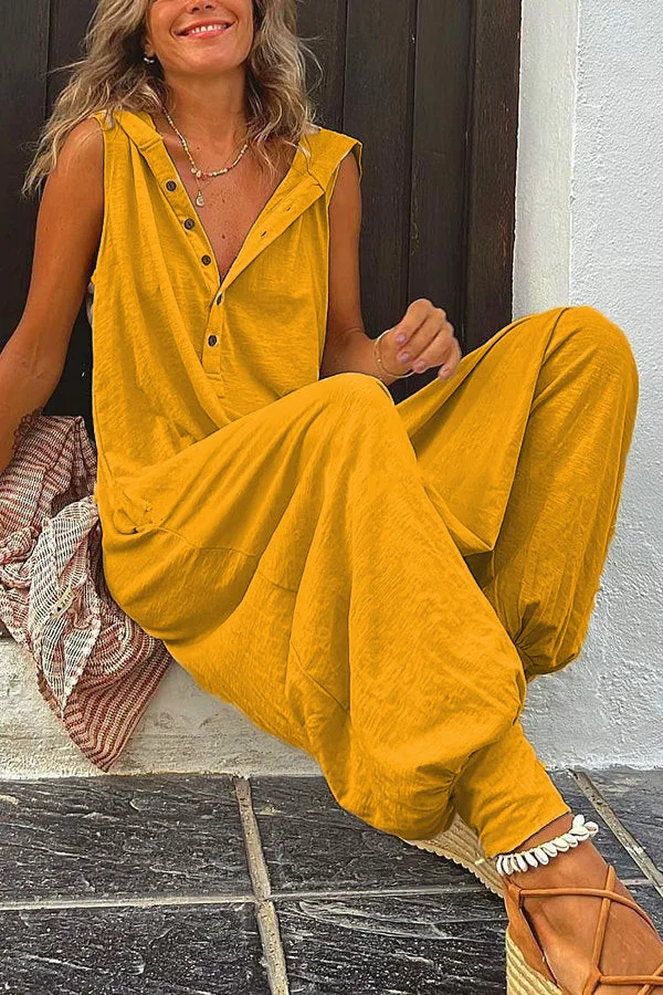 Damen Sommer Ärmelloser Lässiger Kapuzen-Jumpsuit V-Ausschnitt Lose Haremshose Einteiler für Urlaub und Alltag – Detail 5