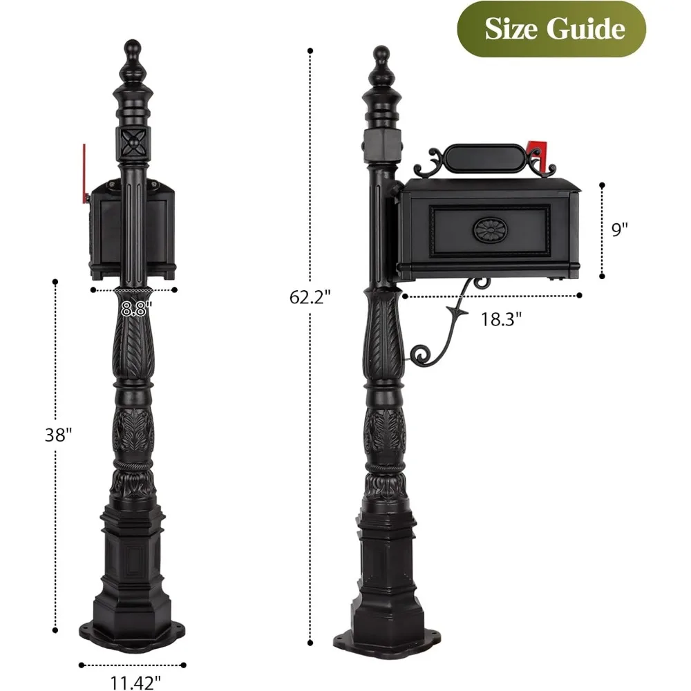 Decorative Post Mailbox Combination Heavy Duty Postal Mail Box Cast Aluminum(Black) Outside House Outdoor Garden Supplies Home