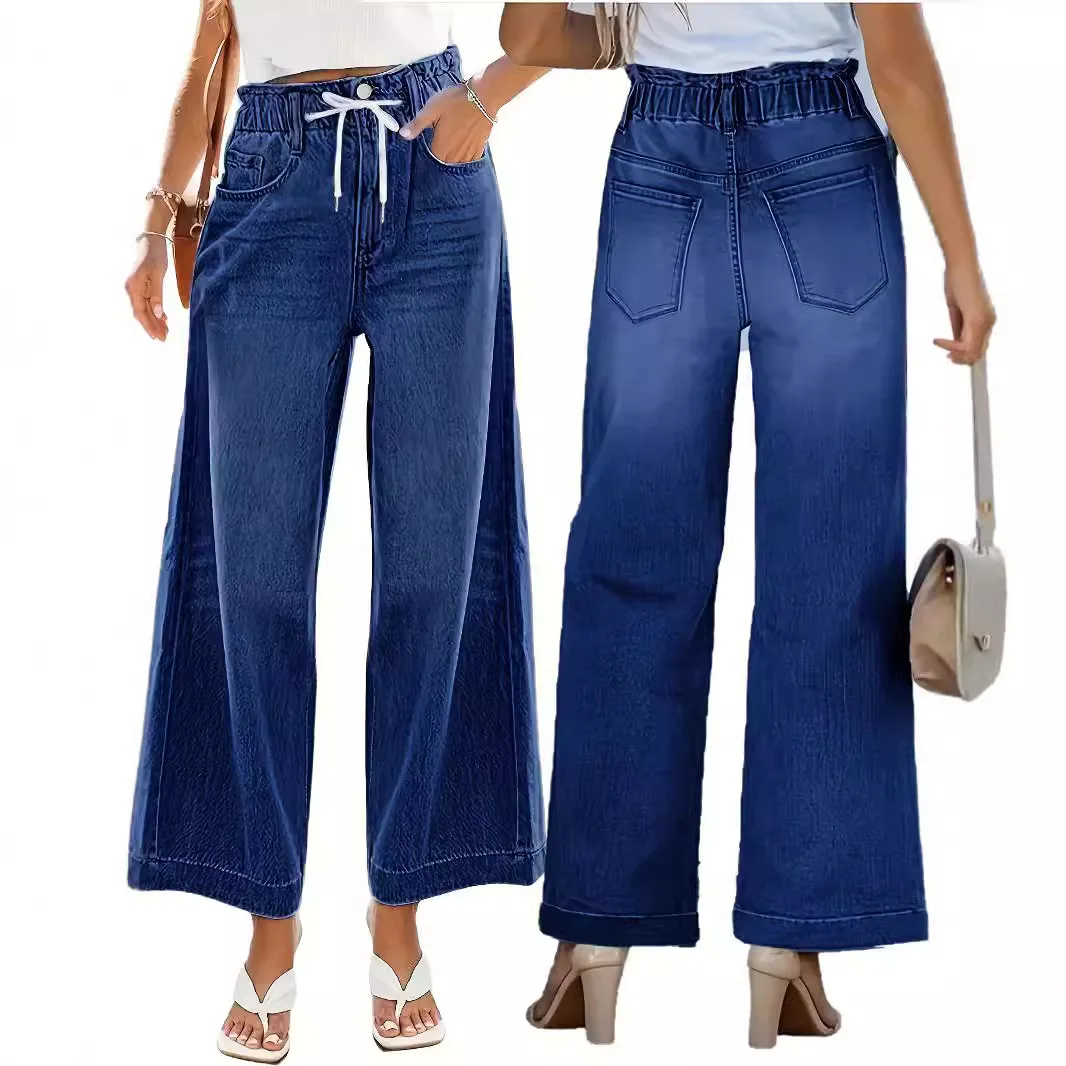 Women Elastic Waist Drawstring Wide Leg Straight Royal Blue Solid Color Casual Denim Trousers Female Jeans Pants Bottom Clothes