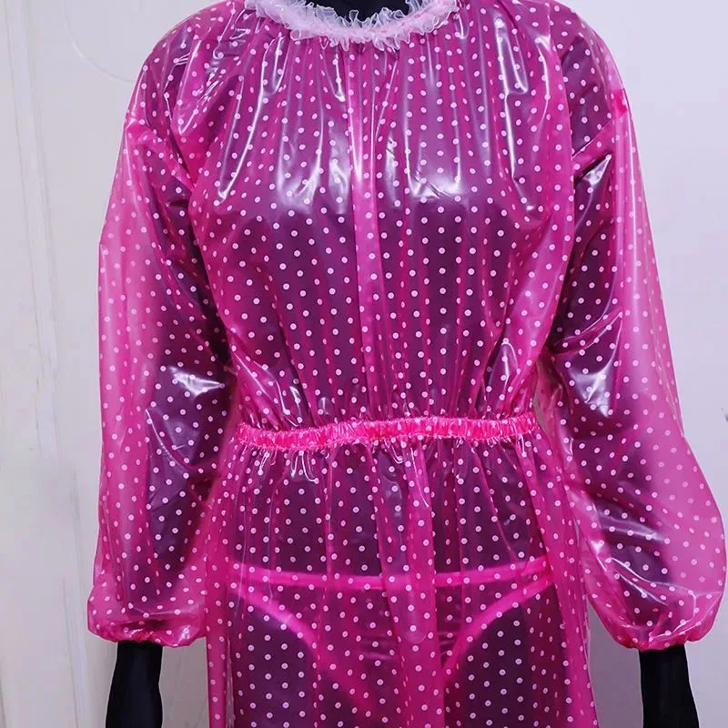 PVC Polka Dot Transparent Sexy Long Sleeved Lace Round Neck Dress Soft Smooth Silent ABDL Waterproof Loose Plastic Long Skirt