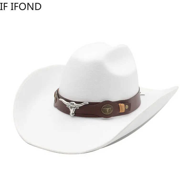 Fashion Bull Head Decoration Western Cowboy Hats New 9.5CM Wide Brim Church Hats Gentleman Lady Jazz Cowgirl Cap