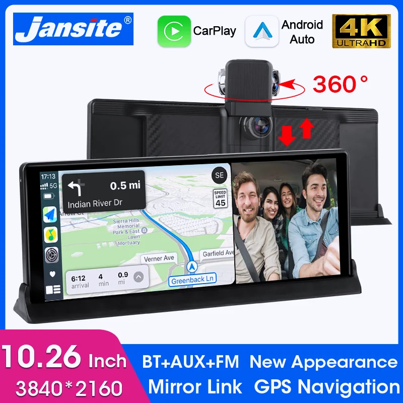 

Видеорегистратор Jansite 10,26 дюйма 4K 360° ° Поворотный объектив, беспроводной Carplay, Android, автомобильный видеорегистратор, GPS-навигатор, видеорегистратор MirrorLink AUX