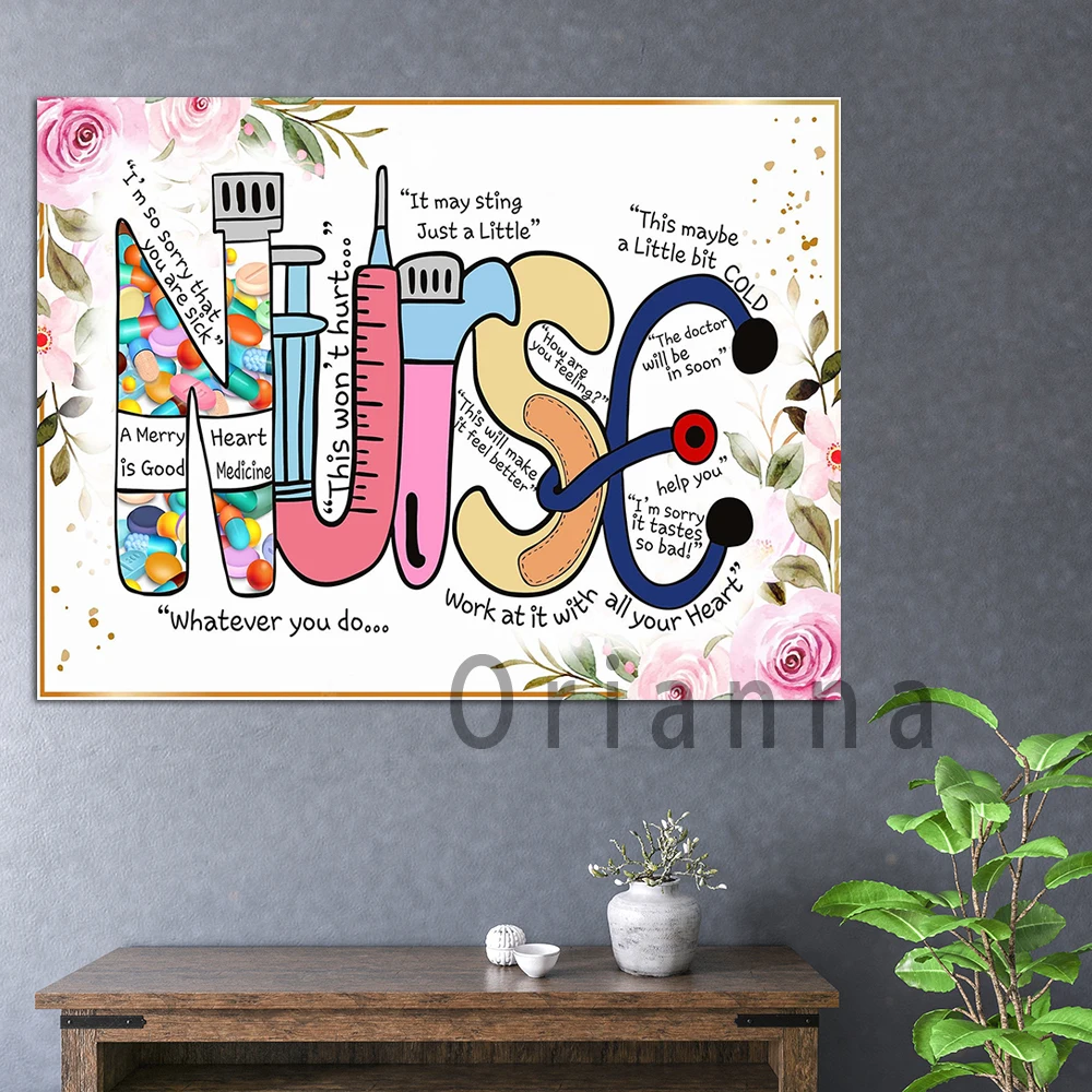 Floral Nurse Meaning Abstract Medical Tools Wall Art Canvas Prints Poster Office Decor Painting Nurse Graduation Retirement Gift