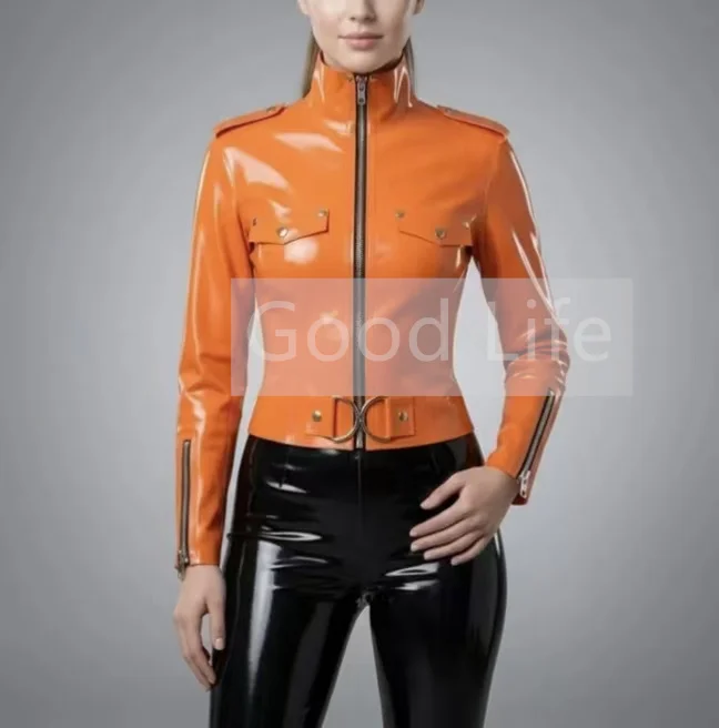

Orange Sexy Natural Latex Woman Coat Rubber Long Sleeve Top with Front and Sleeve Zip Rubber Woman Jean Top High Collar Cosplay
