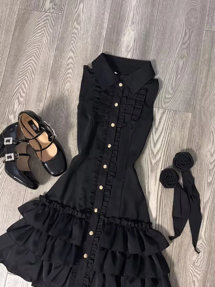 الصيف خمر لوليتا القوطية الجمالية سليم أكمام فستان أسود النساء Y2k فساتين Kawaii أنثى مثير رقيقة ألف خط فستان