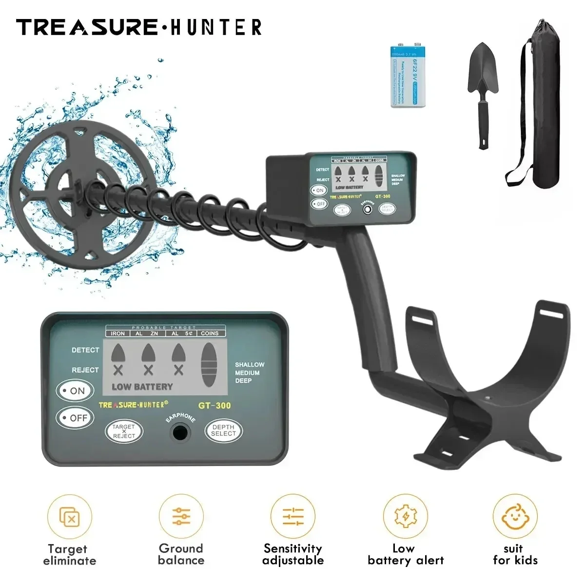 Treasure Hunter GT300 Metal Detector with battery Professional High Sensitive LCD display Sensitivity Adjustable IP68 Waterproof