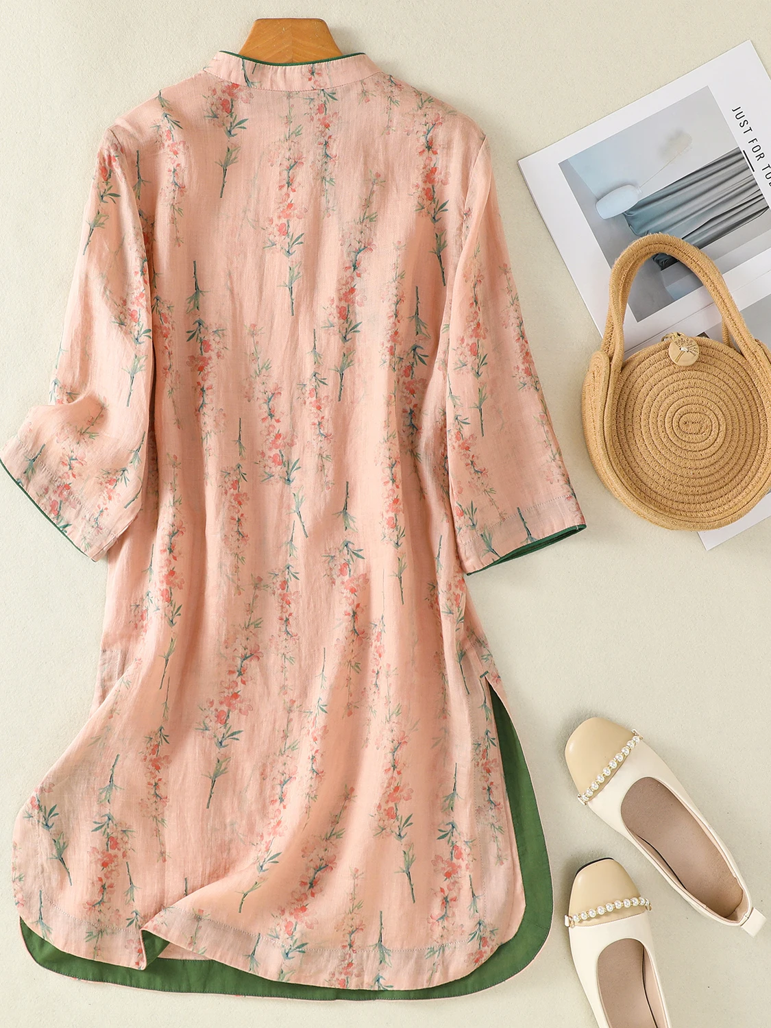 

Воротник-стойка с цветочным принтом, миди, большой размер, женская одежда, пуговицы, смесь хлопка и льна, летняя повседневная одежда irt