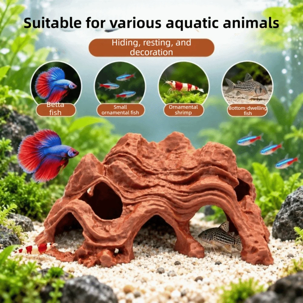 3D Printed Fish Shrimp Hiding Cave Plastic Unique Aquarium Fish Shelter Natural Look Multi-Hole Reptile Hideout Aquarium