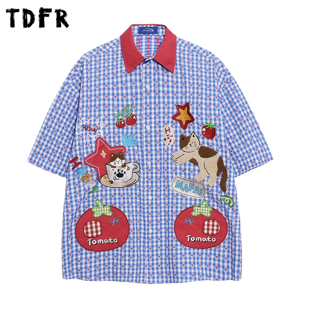 

Cartoon Embroidery Plaid Shirts Mens Summer Retro Casual Spliced Lapel Single Breasted Short Sleeve Cotton Shirts Man
