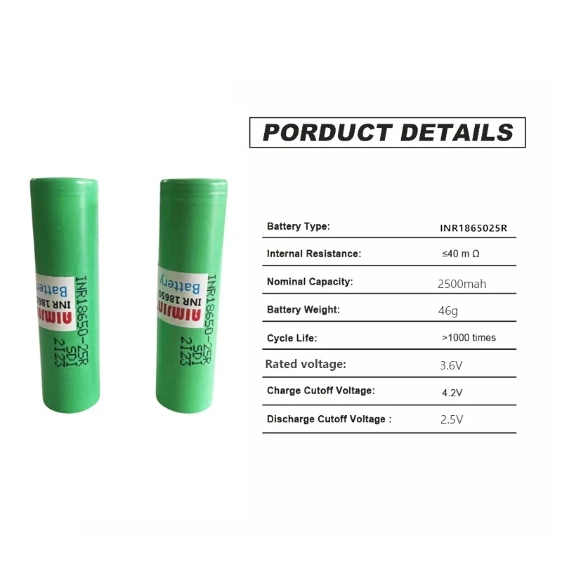 

25R 20A lithium battery screwdriver flashlight Rechargeable battery 3.6V 2500mAh INR18650 battery