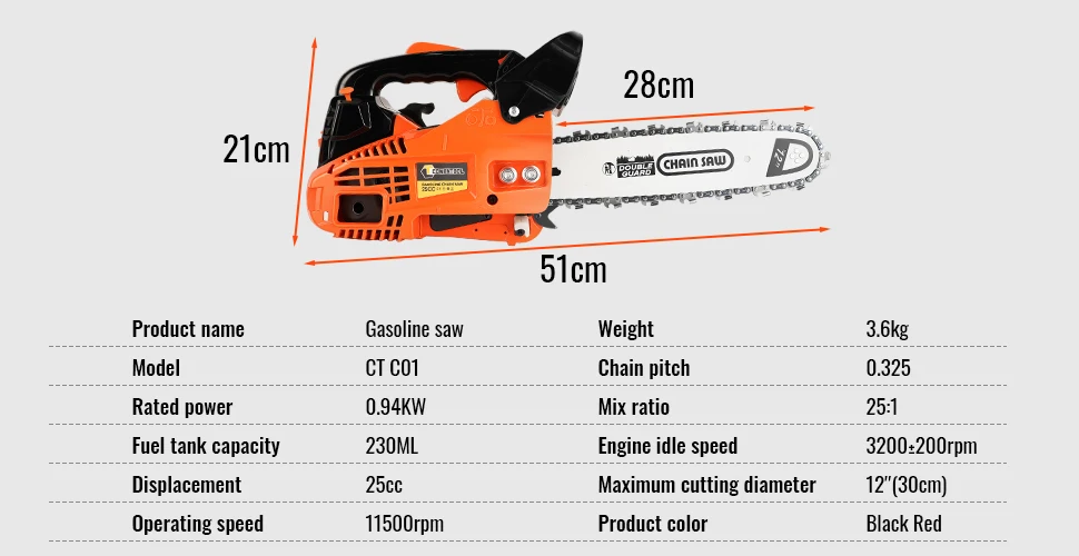 CONENTOOL 12 Inch Oil Chainsaw Wood Logging Cutting Electric Chain Saw Pruning Branches One-Handheld Garden Tools Chain Saw 25CC