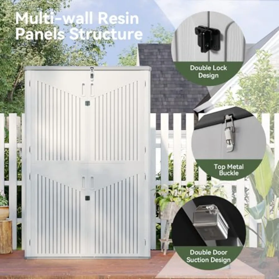 Outdoor Storage Shed, Vertical Resin Sheds Gray, Weather-Resistant, Space-Saving Design for Compact Backyards