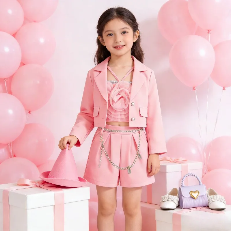 

Girls Spring Autumn Outfit 3 Piece Set Floral Long Sleeve Jacket with Shorts Toddler Clothes