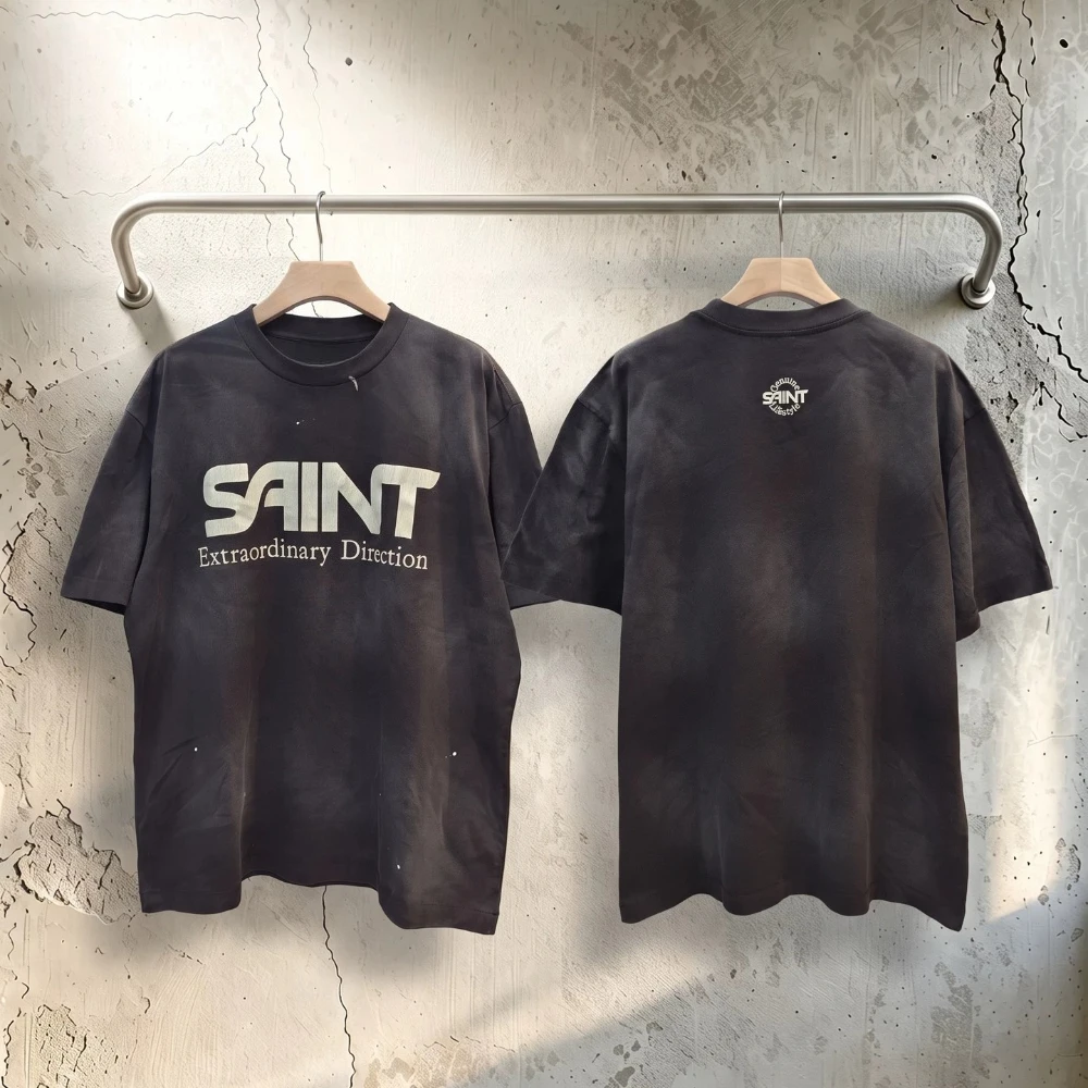 Yao Fashion New Vintage Saint Tops Ink Splashing Crack Logo Tee Cotton Washed Retro Summer Kanye West Oversize T-shirt for Men
