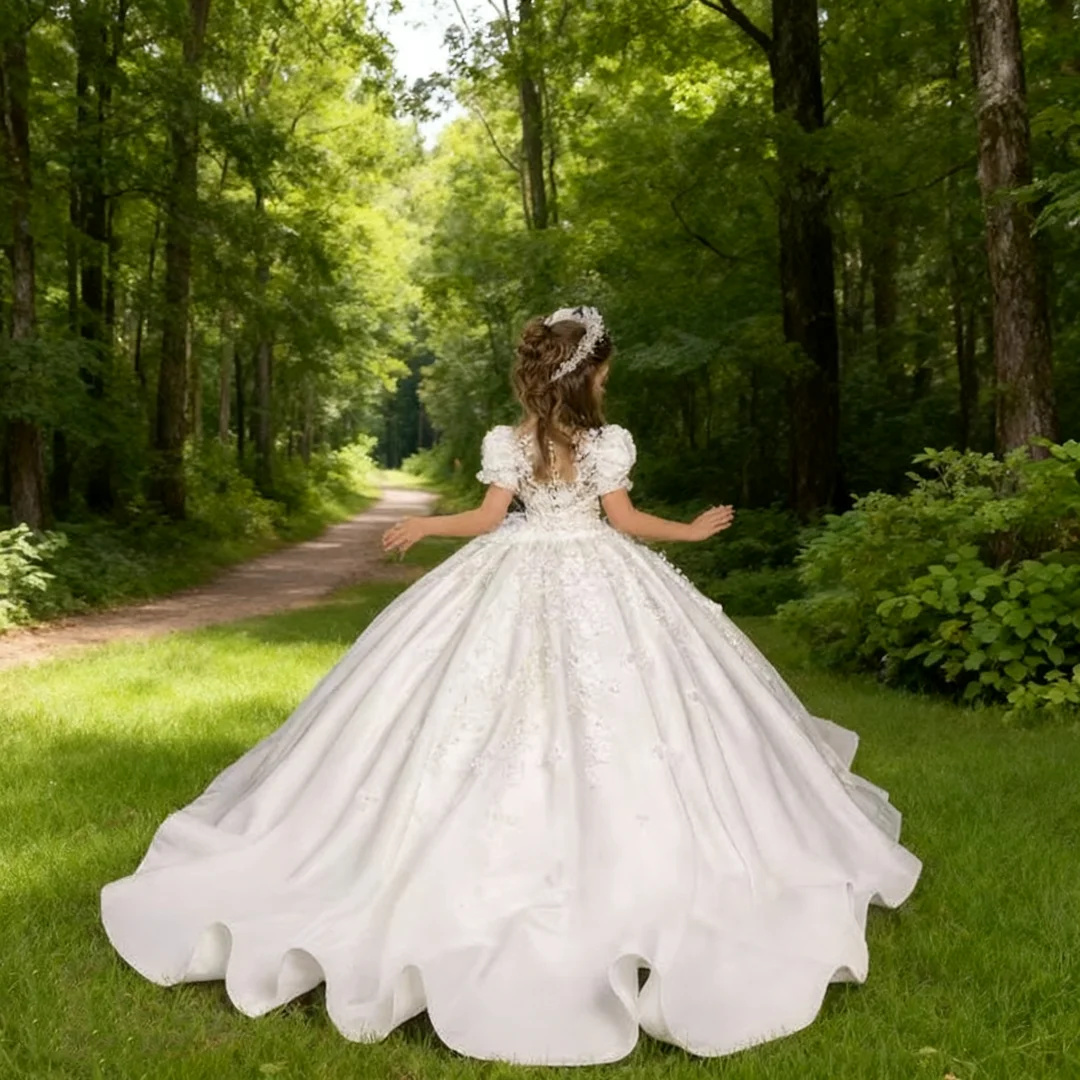 Elegant Satin Embroidered Flower Girl Dress with Sequins Sparkling for Children's Birthday Parties First Communion Prom