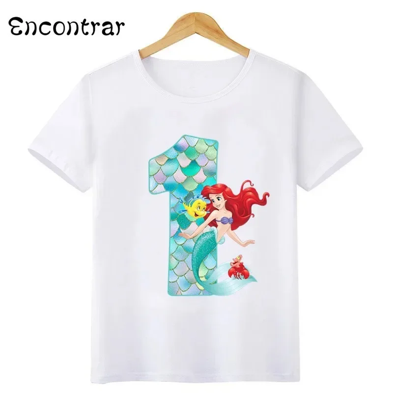 Cotton Princess Mermaid Graphic Girls Clothes Kids T Shirt Age 1 2 3 4 5 6 7 8 9 Years Birthday Number Bow Baby T-Shirts