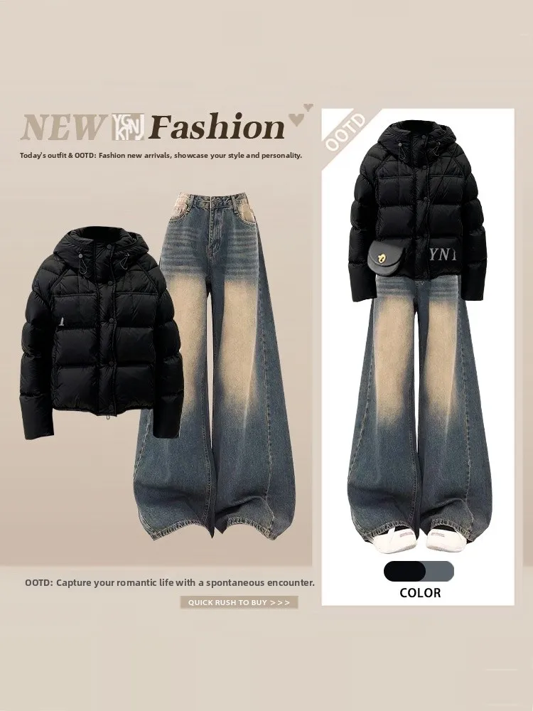 

Korean Casual Sle ort Cotton Jaet And Wide Leg Jeans Winter Set for Women Warm Simple Lazy Sle Clothing And Accories