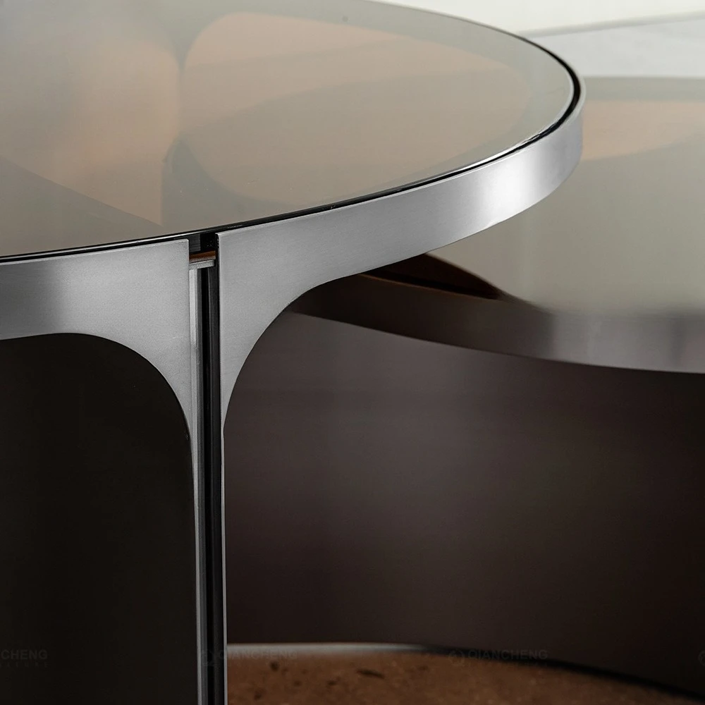 طاولة قهوة زجاجية مستديرة بنية إيطالية بسيطة، مجموعة طاولة شاي من الفولاذ المقاوم للصدأ قابلة للإزالة #5