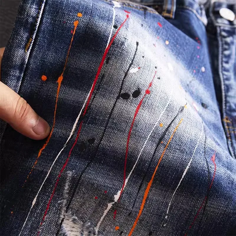 Pantalones vaqueros azules retro para hombre, jeans elásticos con abertura ajustada, pantalones de hip-hop pintados, pantalones retro para hombre, ho, el último diseñador de moda