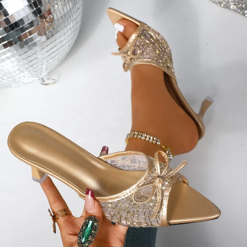 

Bowknot Mesh Slippers Women's Shiny Designer Peep Toe Breathable Shoes Pointed Toe New Brand Women Thin High Heels Slippers