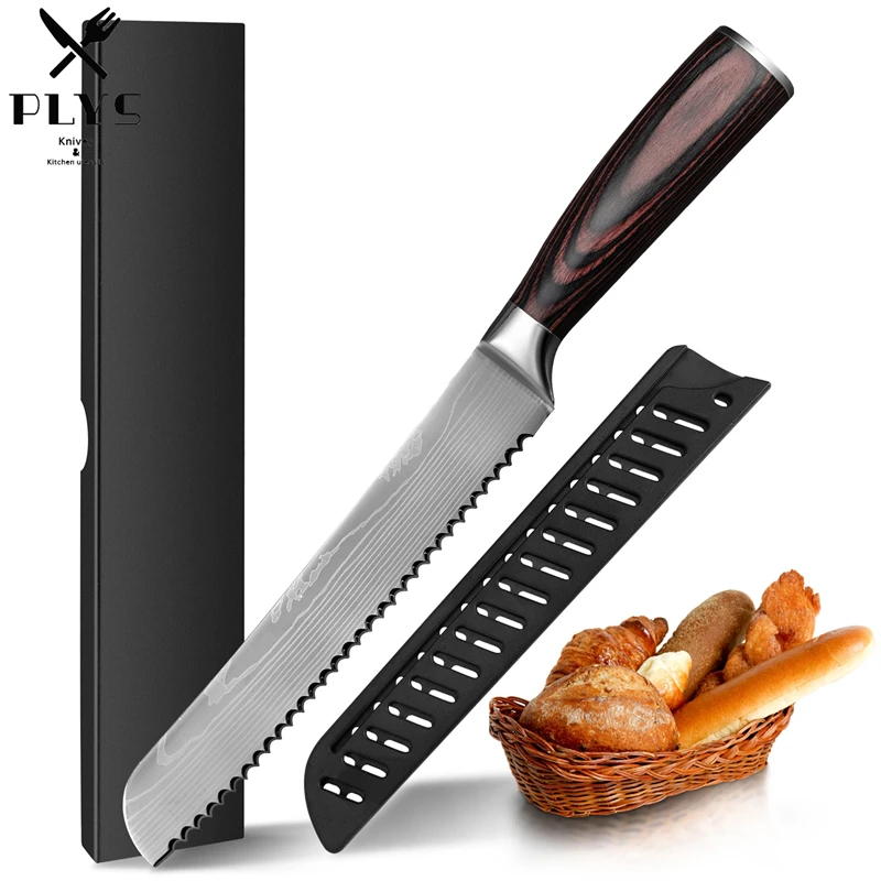 

8 Inches Bread Knife Chef Cut Meat Cheese Toast Fish Fruit Knife Laser Knives Wooden Handle Professional Kitchen Knives